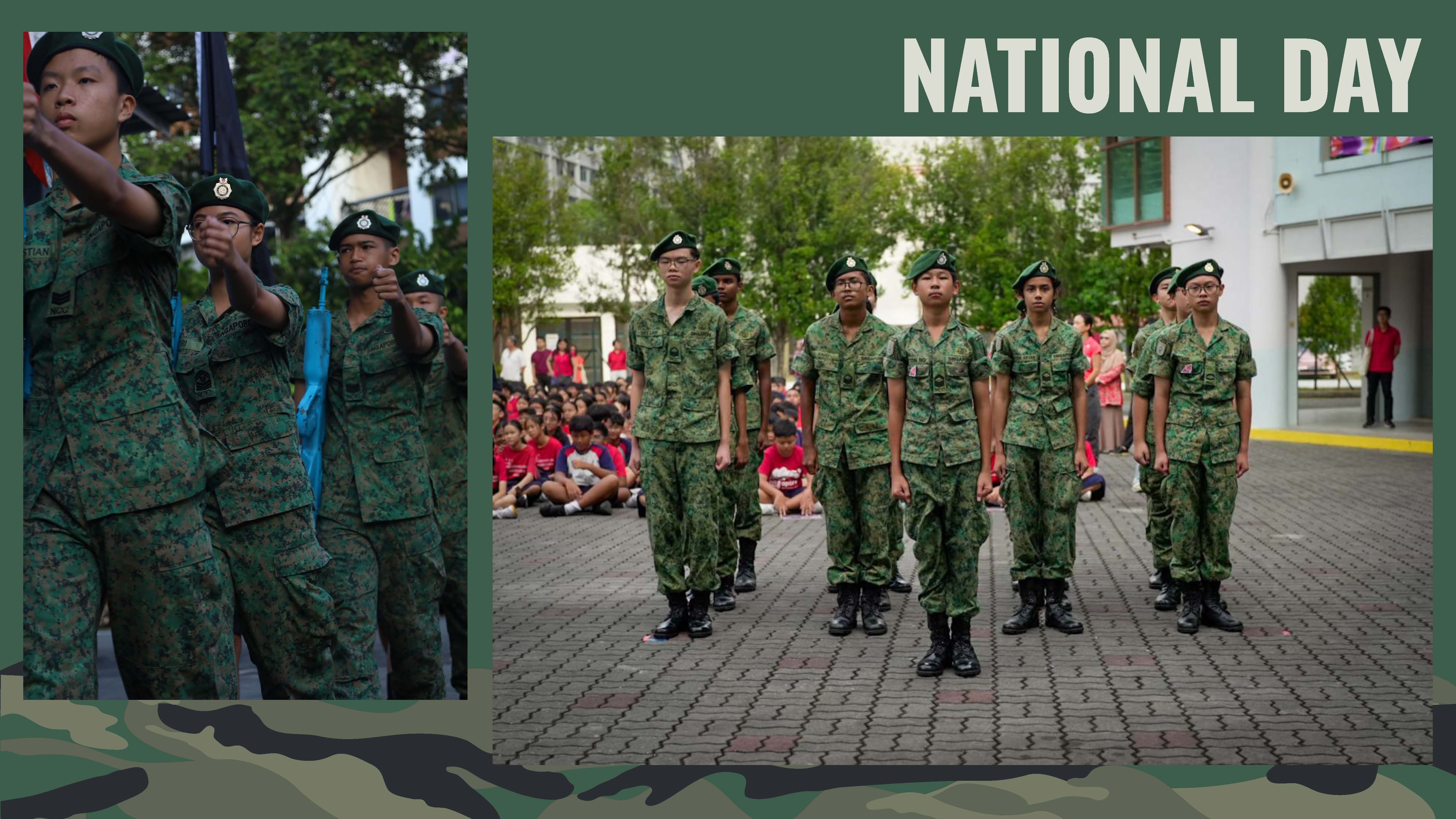 Teen cadets in green camouflage and berets march and stand in formation; crowd behind; text NATIONAL DAY.